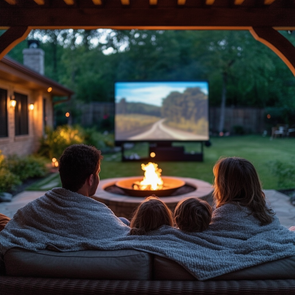 family wrapped in blanket enjoying movie night